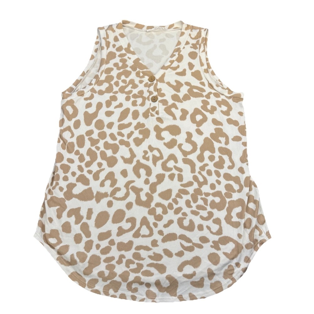 Bombom Women's XL Leopard Print Sleeveless Tunic Top Boho Brown White Soft